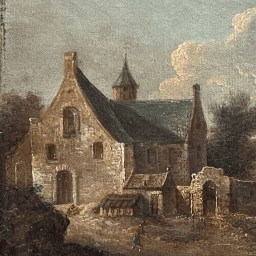 Antique Painting Original Landscape, River, House, People, Trees 18th century image 2