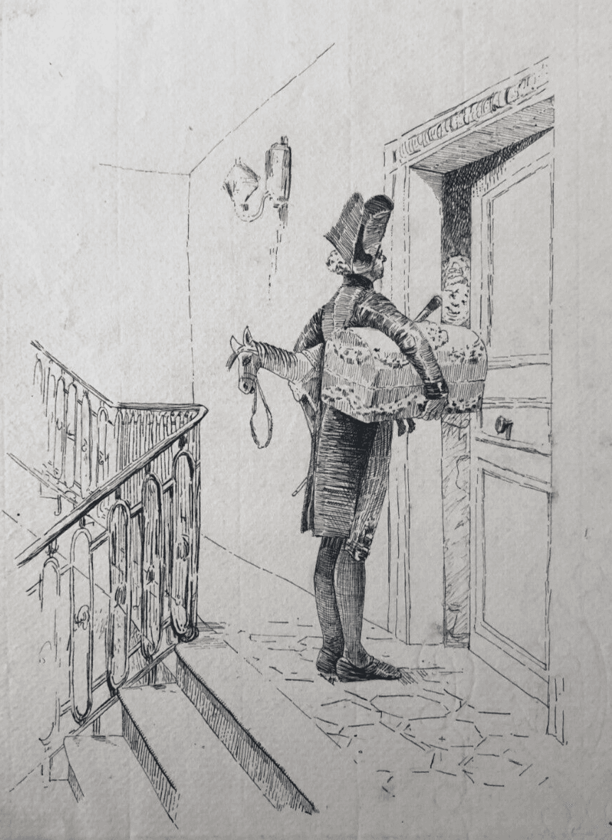 Antique Old Ink Drawing Illustration Original Toy Vendor, Figure, Horse image 1