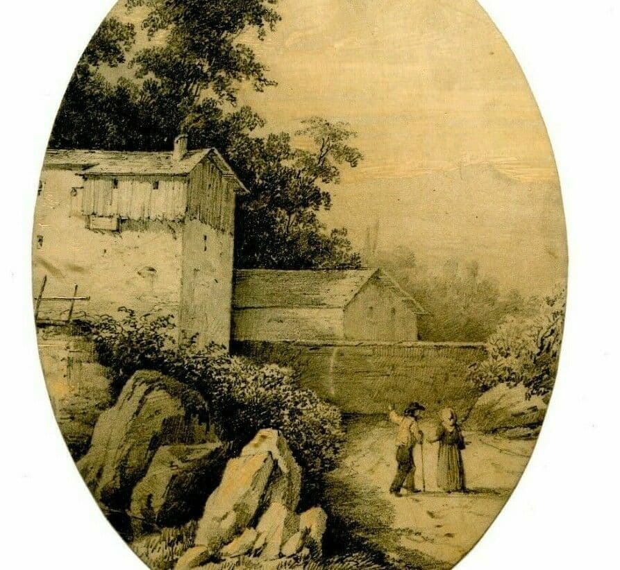 Drawing 19th century Landscape, Peasant, House