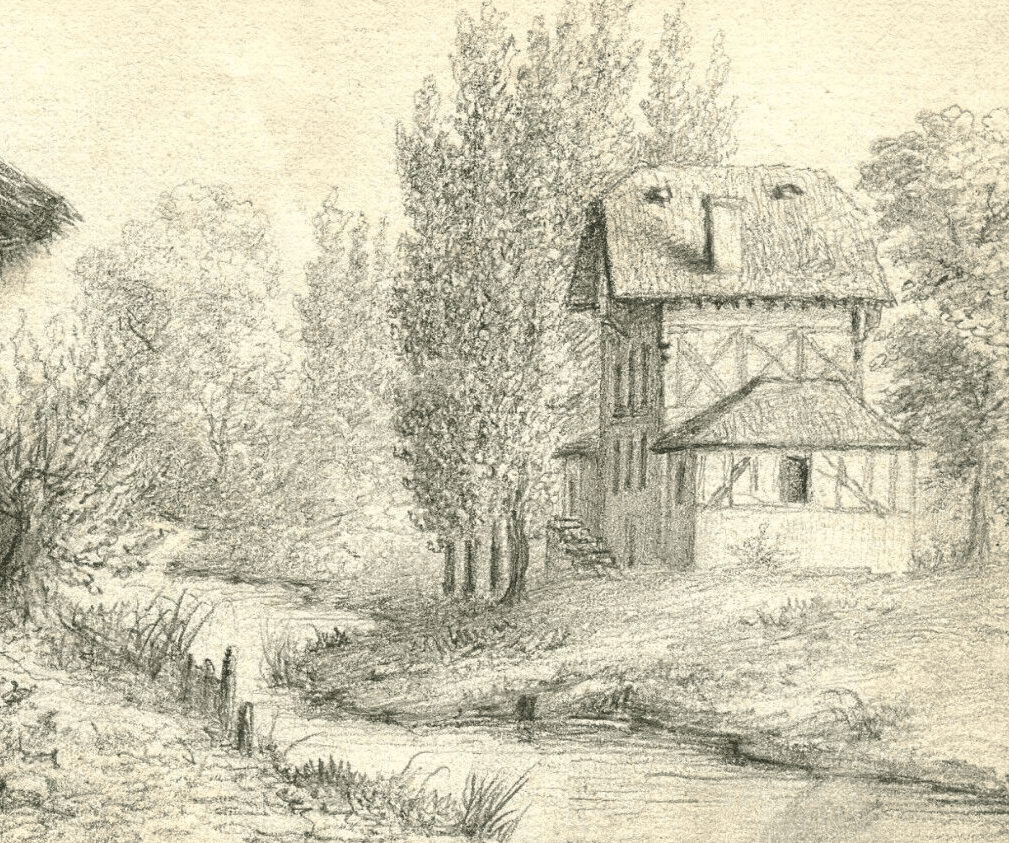 Antique Pencil Drawing 19th century Enghien-les-Bains, Landscape, House, Forest image 1