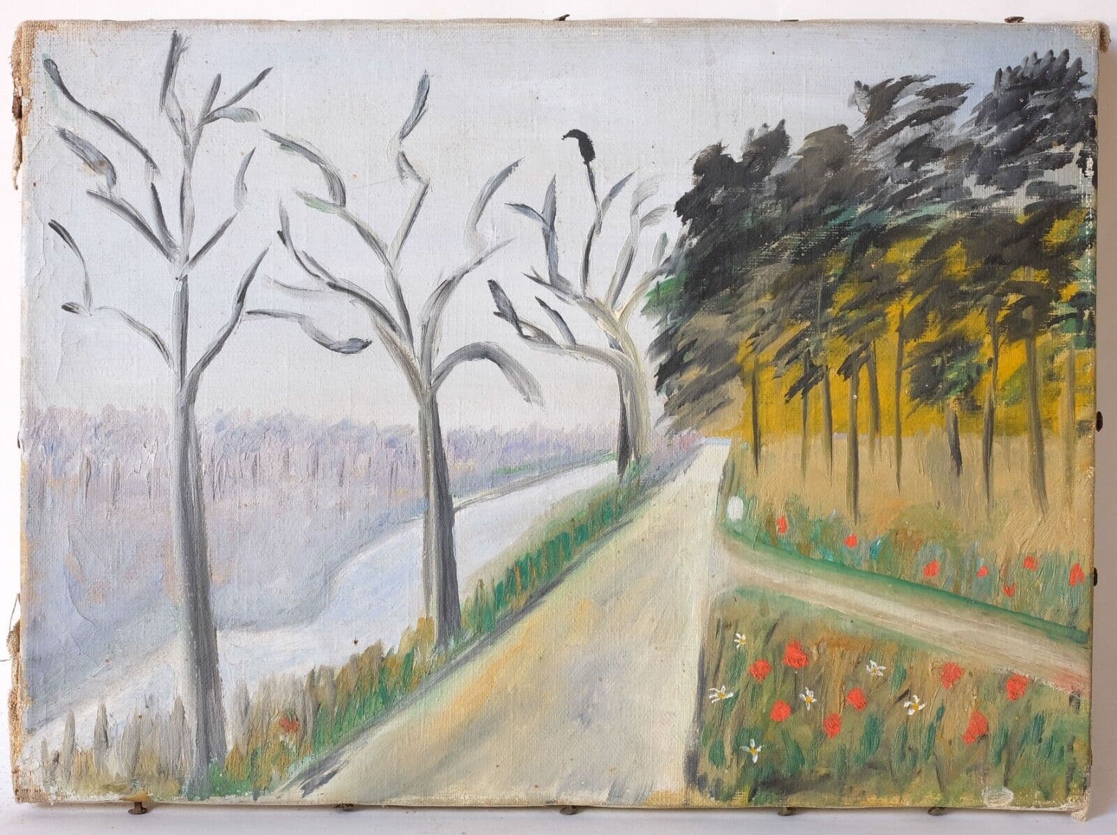 Vintage Antique Original Oil Painting Landscape, Trees and Flowers image 5