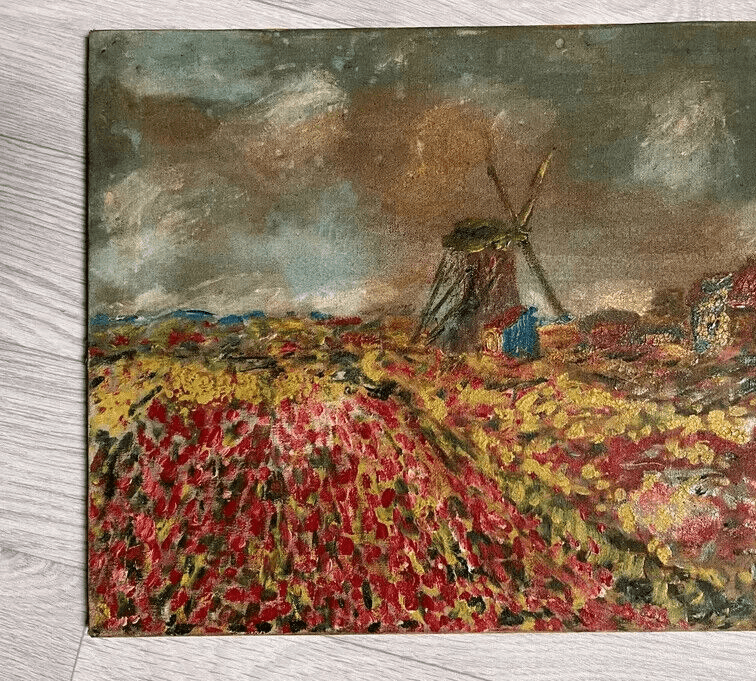 Antique Old Painting signed Mill Flowers Fields Landscape Floral image 6