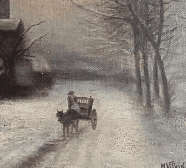 Antique Original Painting Landscape signed Winter Village Horse Landscape image 2