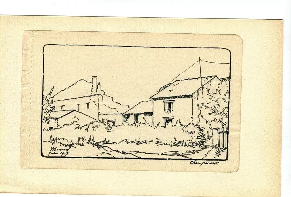 Vintage Ink Drawing Original signed Village in Ruines, Lorraine 1917 image 6
