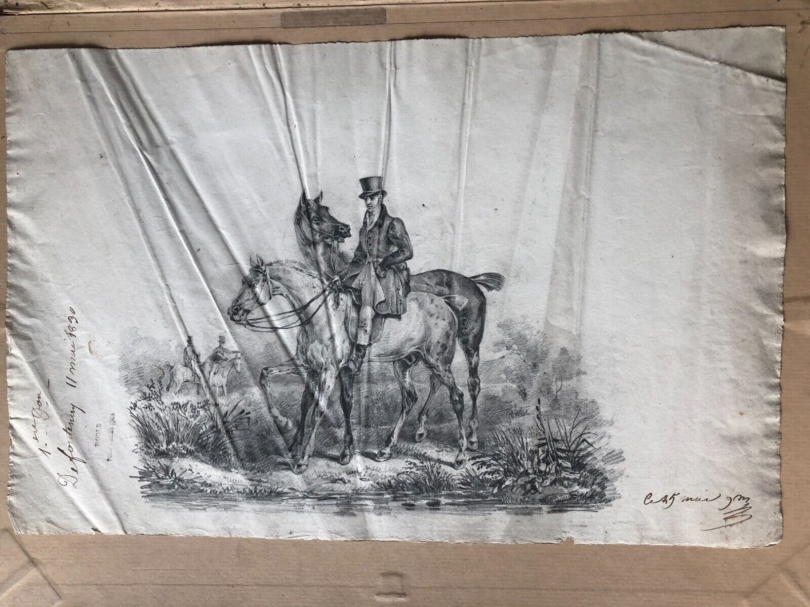 Antique Pencil Drawing Rider, Horses, Polytechnique School 1830 image 6