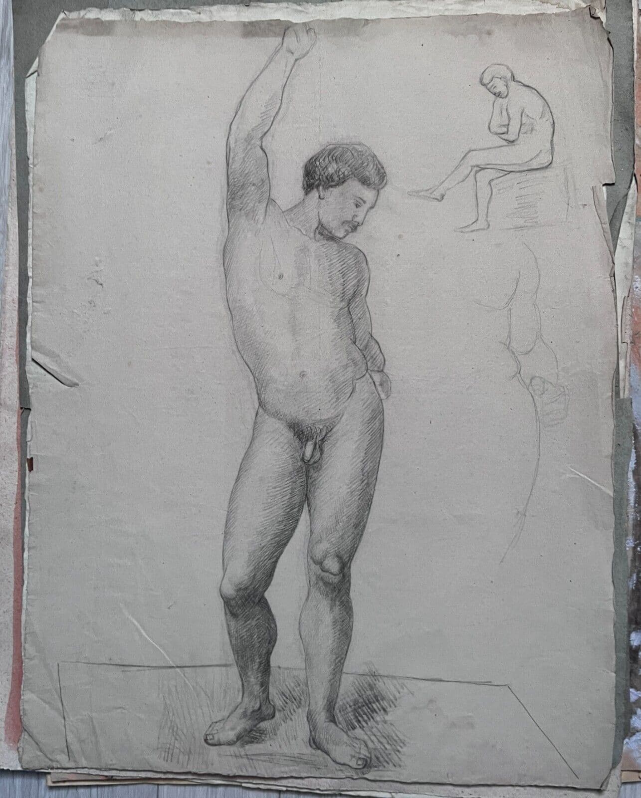 Antique Drawing Charcoal Nude Man Portrait 19th century c 1864 image 5