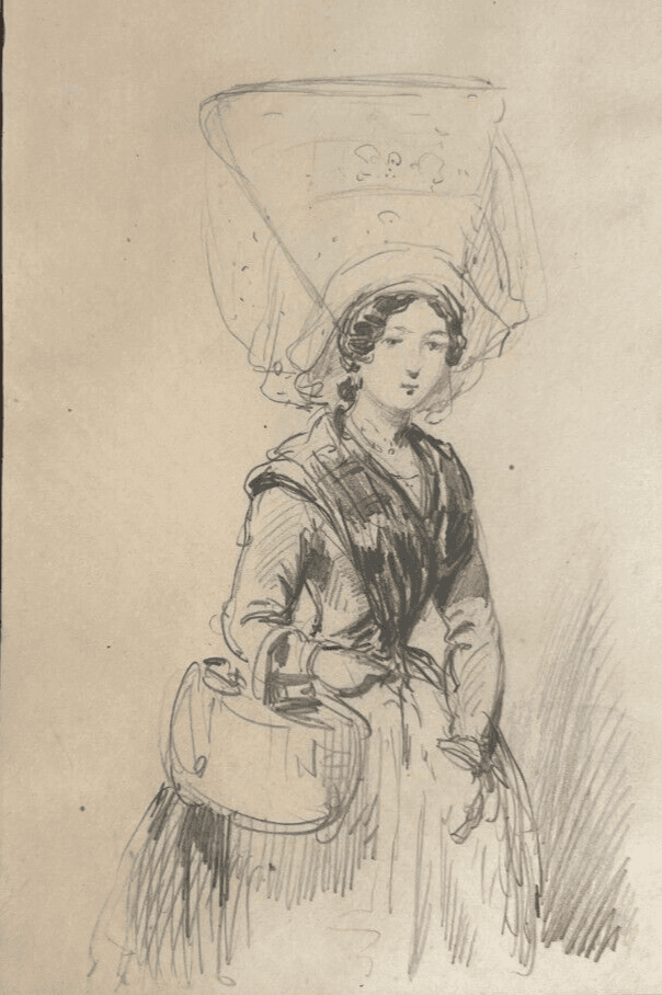 Antique Drawing Original Woman Portrait, Hat, Bag 19th century image 1