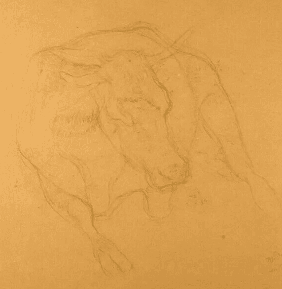 Antique Pencil Drawing Original 19th signed 1883 Cow, Animal image 1