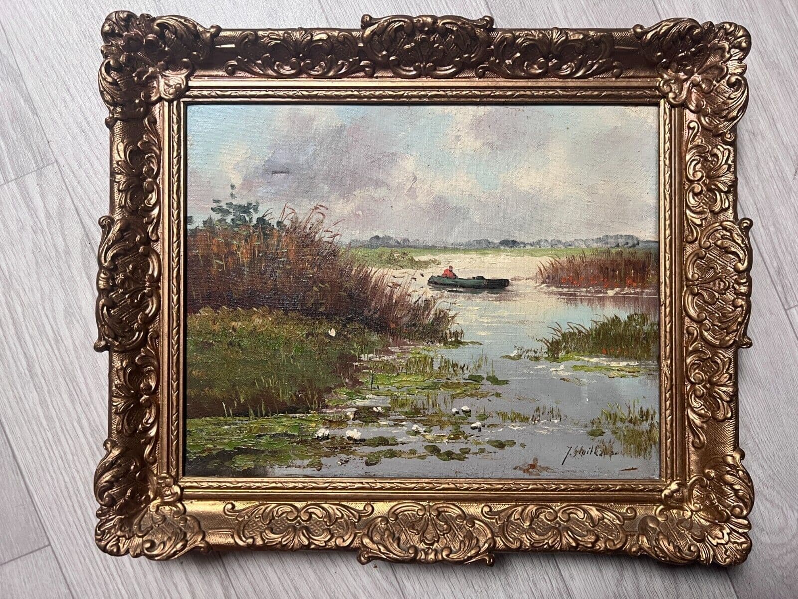 Antique Oil Painting signed Lake River Landscape Man on Boat image 5