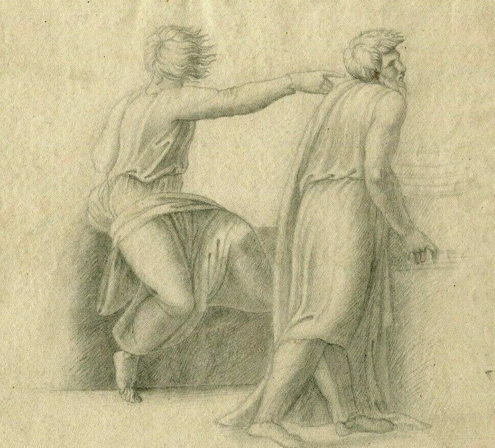 Antique Pencil Original Drawing 19th century Religious Scene, People image 1