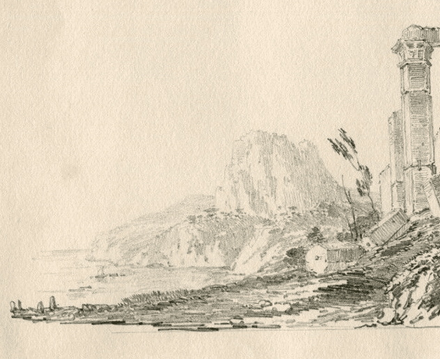 Antique Pencil Drawing Original 19th century Ruins Castle Landscape image 3