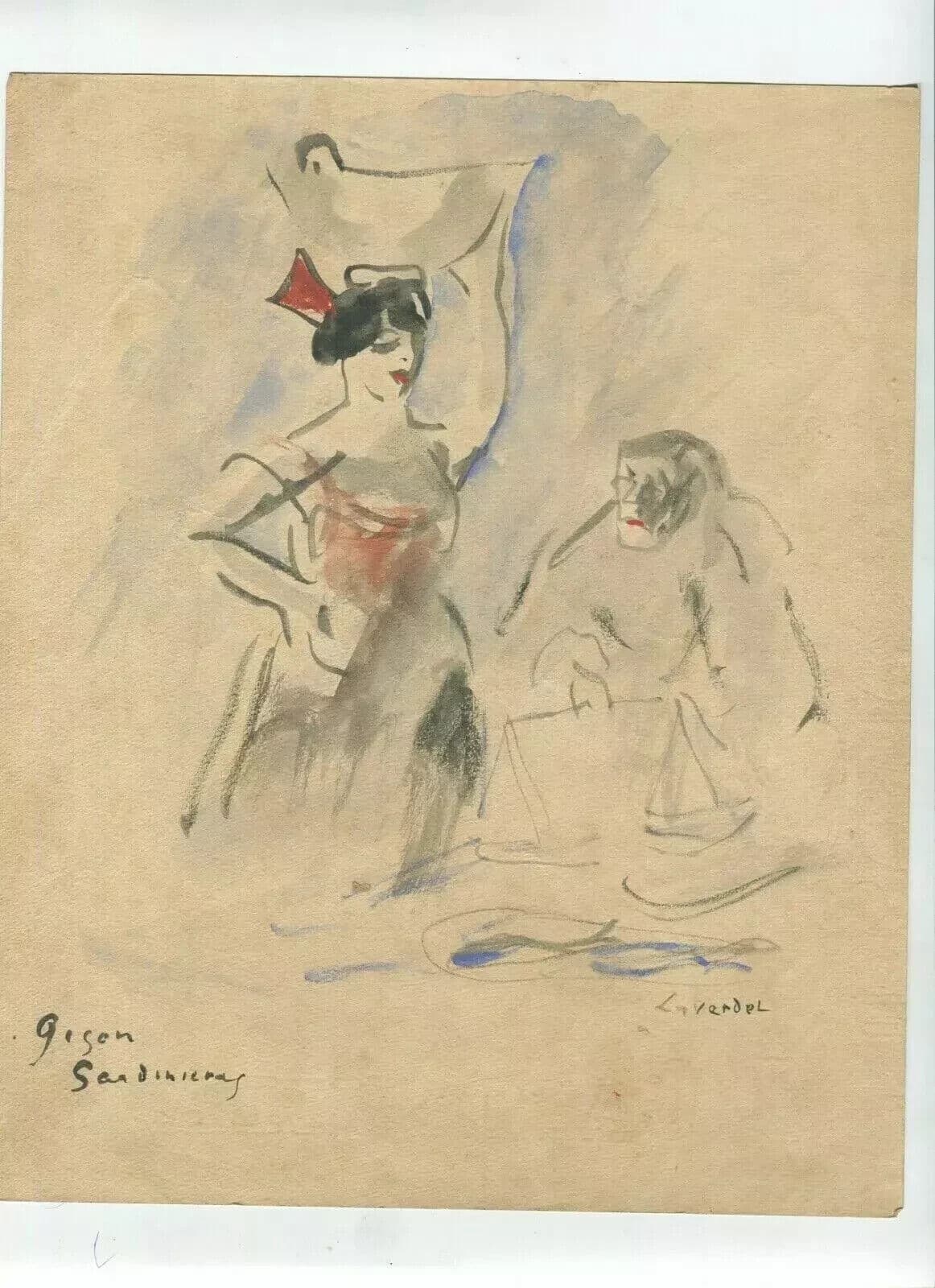 Vintage Ink Drawing Genre Scene, Spanish Dancing Figures Original Signed image 6