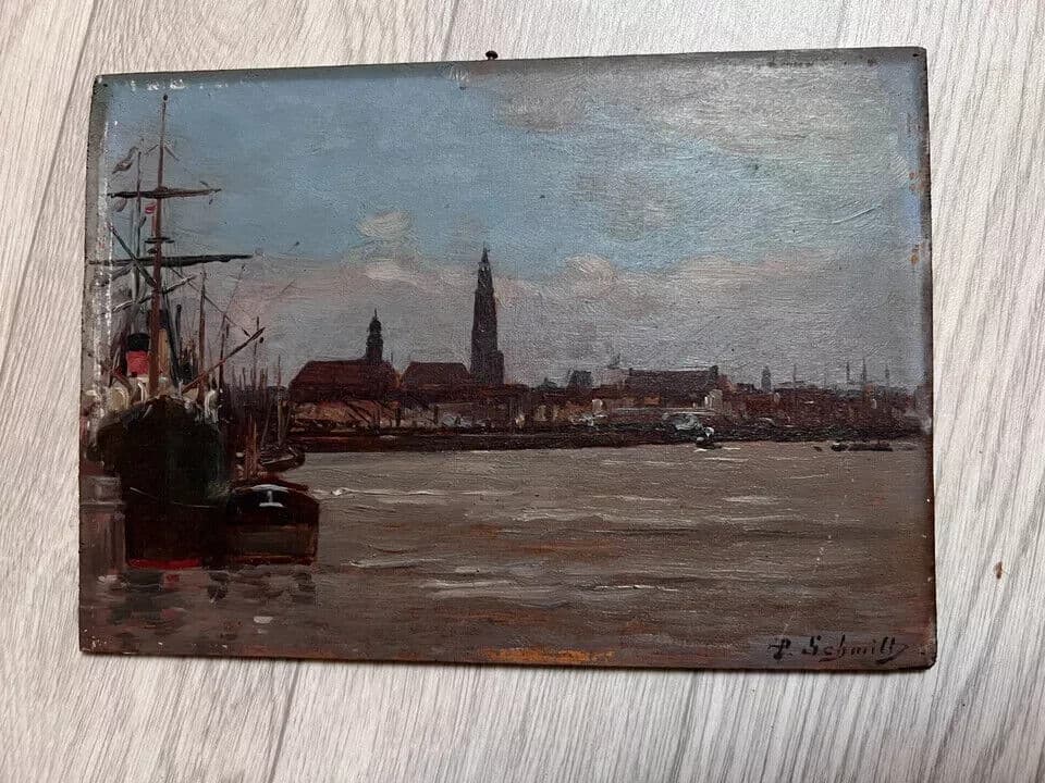 Antique Painting Original signed Anvers Port Seascape, Paul SCHMITT (1824-1885) image 6