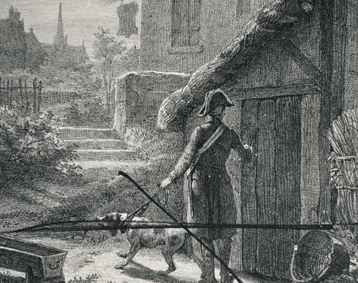 Antique Etching Original Man, Military, Dog, Landscape, House, Epreuve Refused