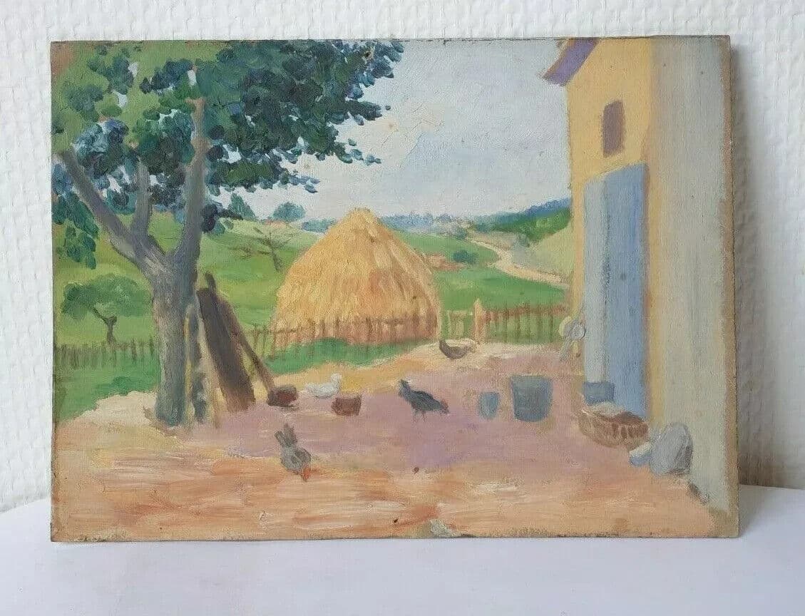 Antique Oil Original Painting Landscape Farm, Chicken Coop, Hay image 5