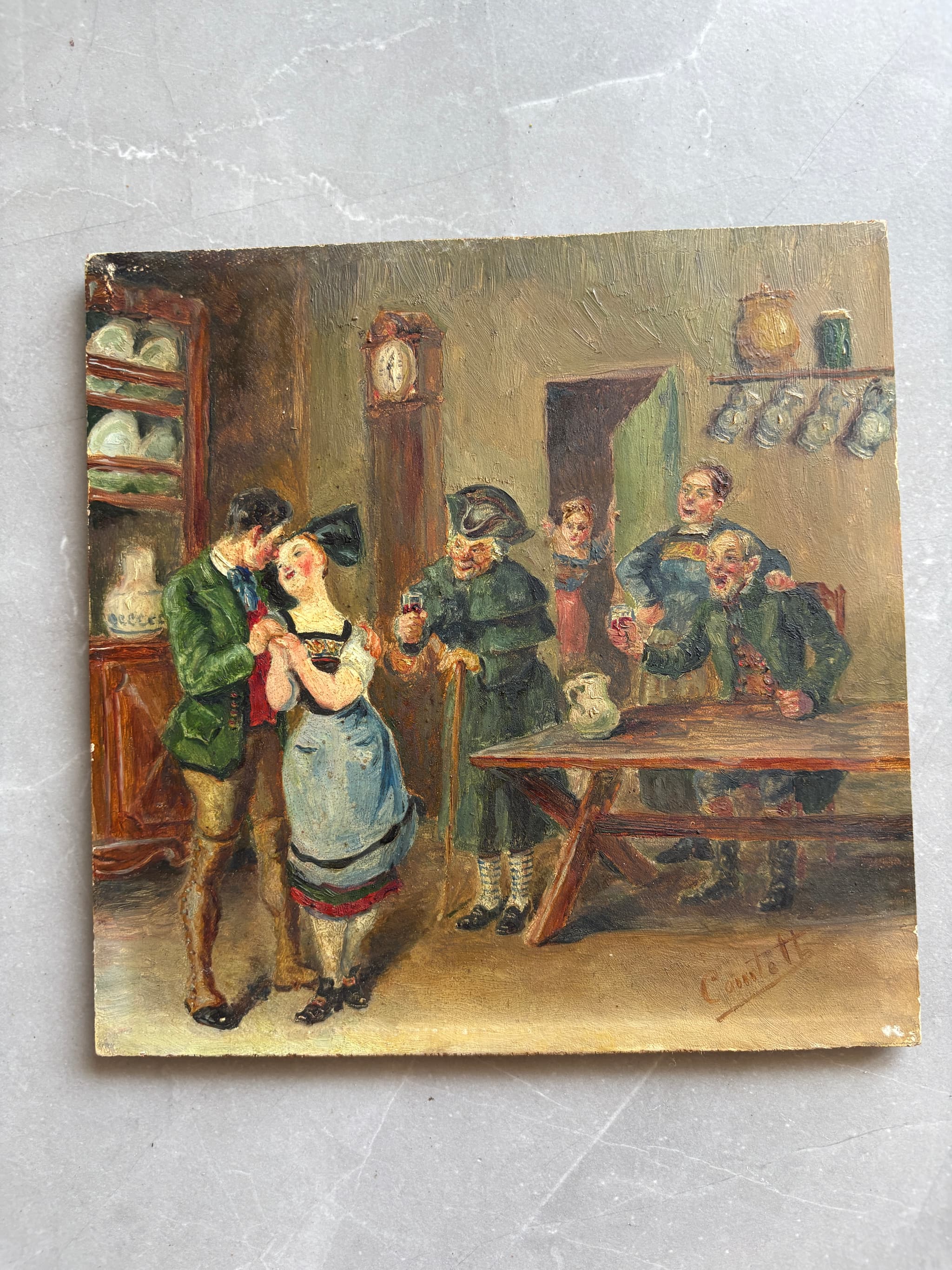 Antique Painting Original Old 19th century Lovers, People signed Framed image 2