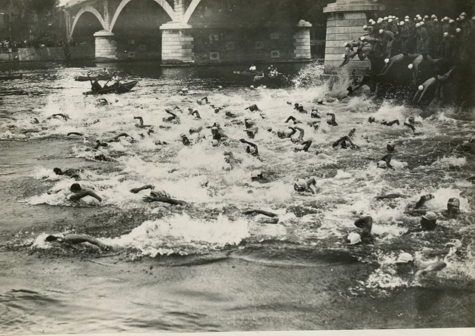 Vintage Photograph Swimming across Paris, 360 swimmers c. 1950 image 1