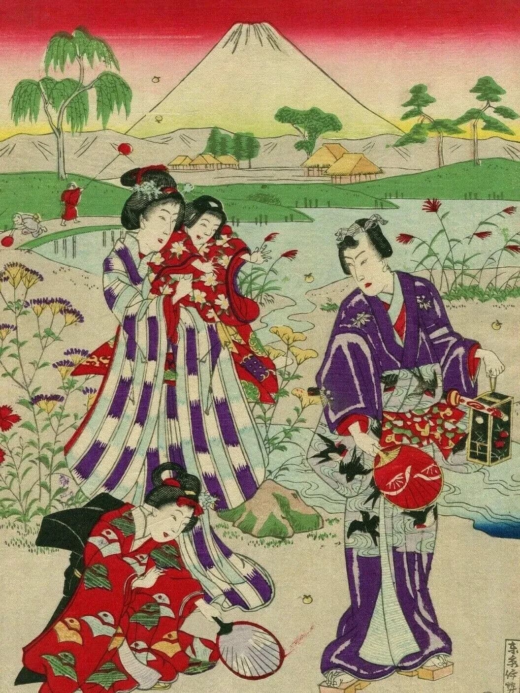 Antique Japanese Woodprint Volcano, Women, Geisha, Landscape Art Print Ukiyo-e