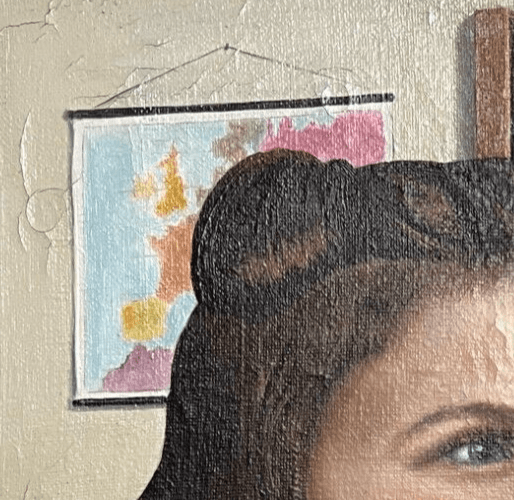 Antique Oil Painting canvas signed Young Girl Portrait, Classroom, Map image 3