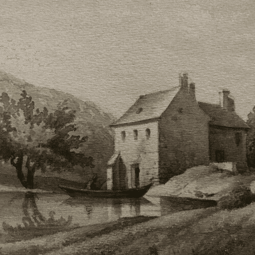 Antique Ink Drawing House Landscape, Boat and Figures 1862 image 3