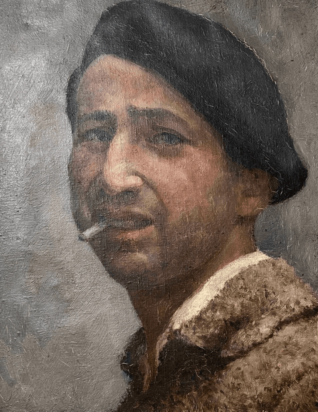 Antique Oil Painting Original Man, Portrait, Smocking, Spanish, Hat