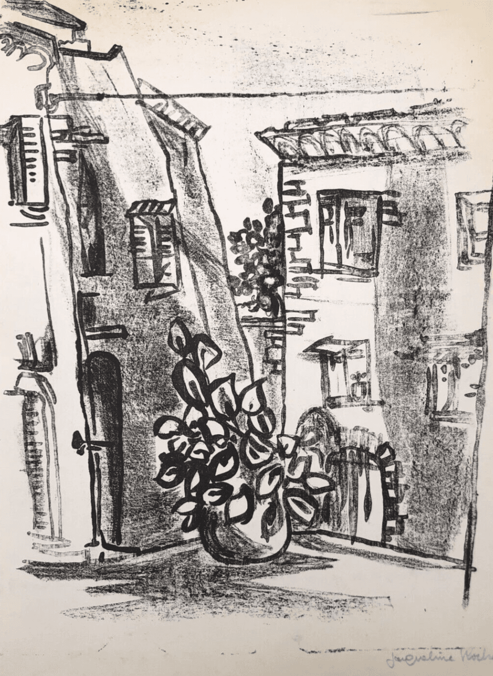 Antique Etching Original Landscape, House, Cityview, Flowers, Building