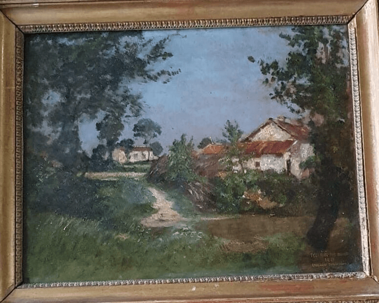 Antique Painting Original Houses, Landscape, Forest, Trees, Town image 2