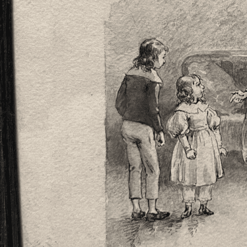 Antique Pencil Drawing 19th century Original Family, Children, Portrait image 2