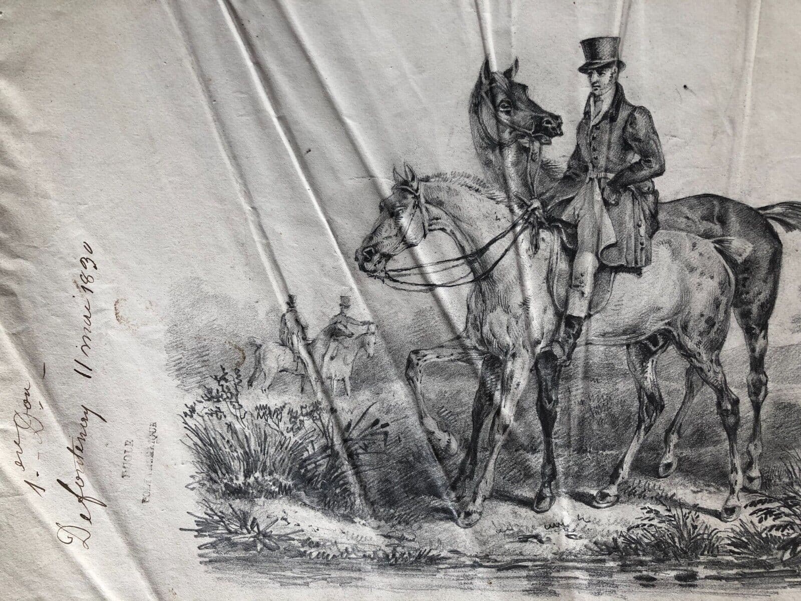 Antique Pencil Drawing Rider, Horses, Polytechnique School 1830 image 3
