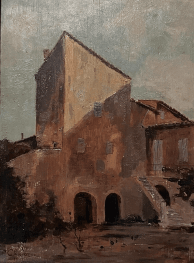 Antique Oil Painting Original Landscape, House, Architecture, Cityview signed image 1