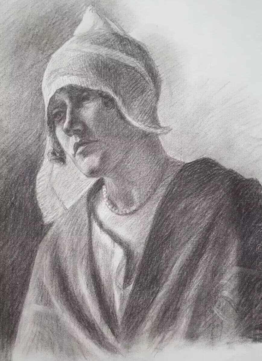 Antique Charcoal Original Old Drawing Woman Portrait with Hat c. 1910 image 7