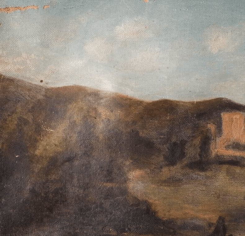 Antique Original Painting Landscape with Ruins, Castle 19th century People image 4
