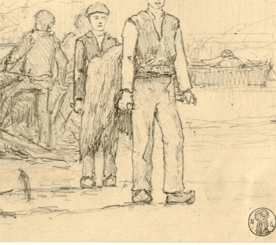 Vintage Pencil Drawing 19th century Maritime Figures and Boat, Dikeos Collection image 6