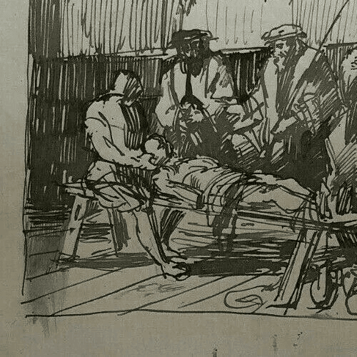 Antique Ink Drawing Original Consulat Men, Dead Body image 3