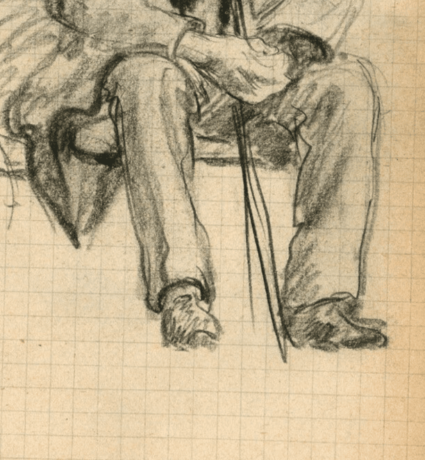 Vintage Pencil Original Drawing of a Man with Hat sitting with a Cane image 4