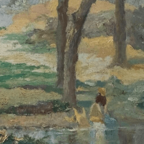 Antique Painting Oil Original 19th Landscape Woman Cleaning Laundry signed image 3