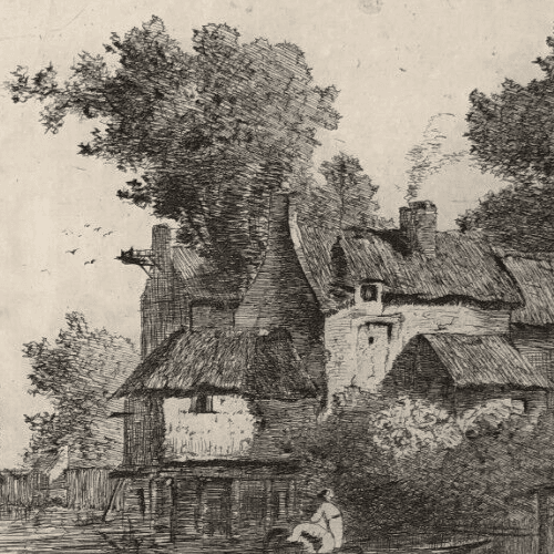 Antique Etching Original Landscape, Tree, Man, House, Boat image 3
