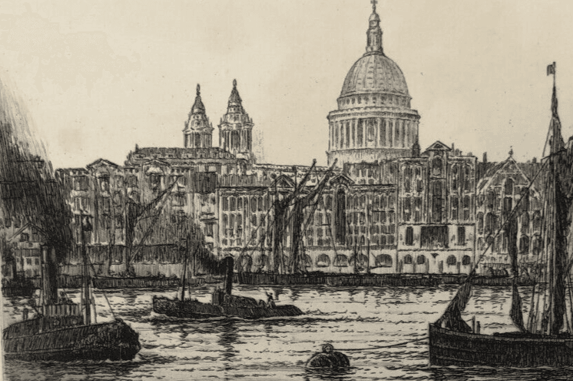 Antique Etching Original St. Paul's from the River Thames, Landscape image 1