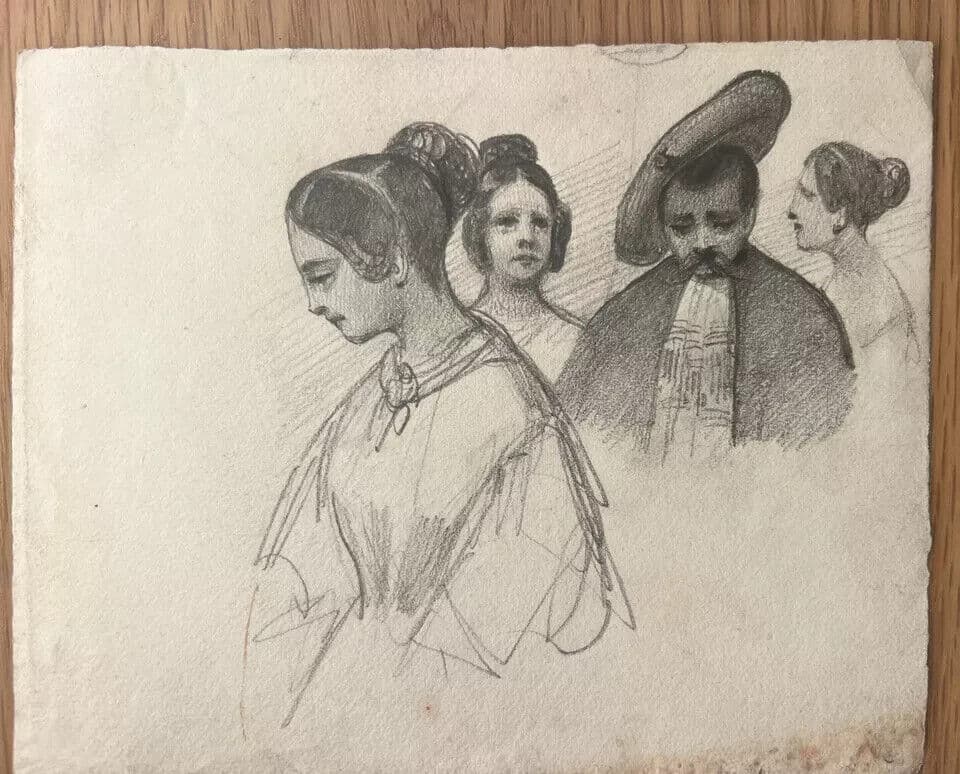 Antique original Women and Men Portraits 19th century Drawing image 5