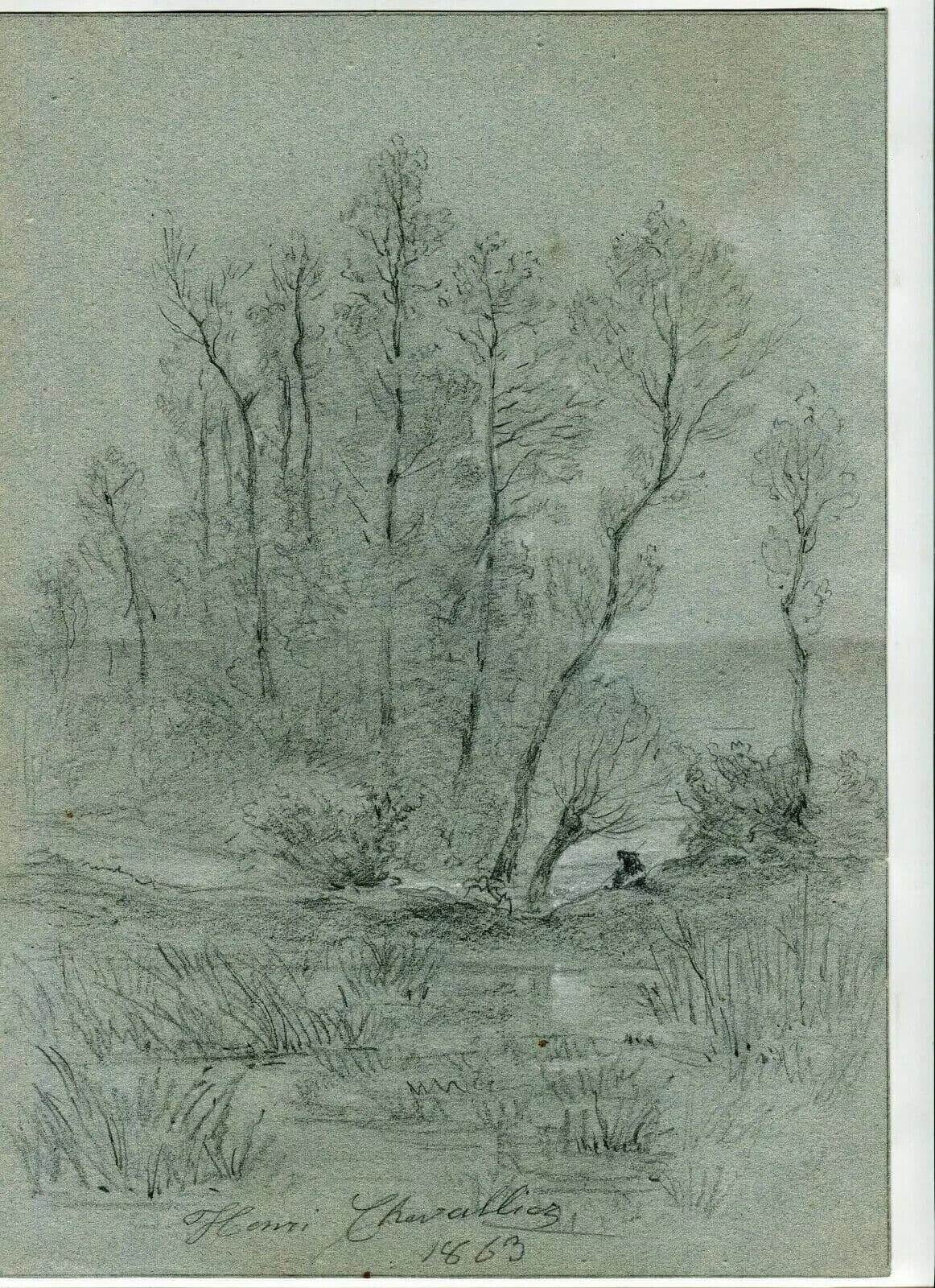 Antique Drawing Pencil signed Henri CHEVALLIER (1808-1893) Landscape, Trees 1863 image 5