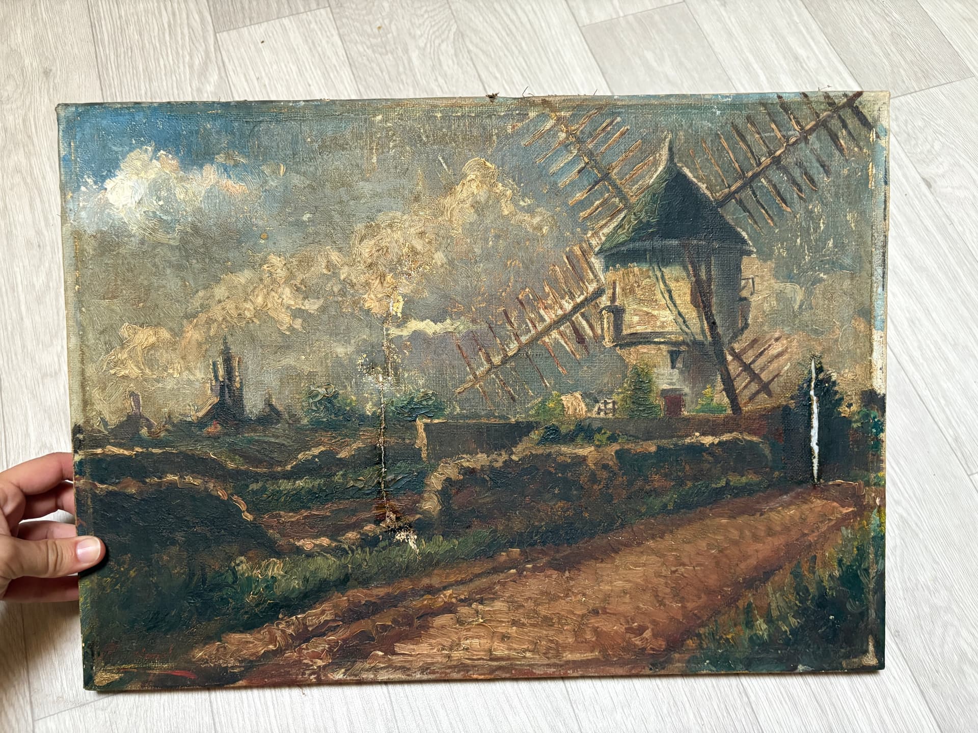 Antique Painting Original Landscape, Mill, Trees, Forest signed