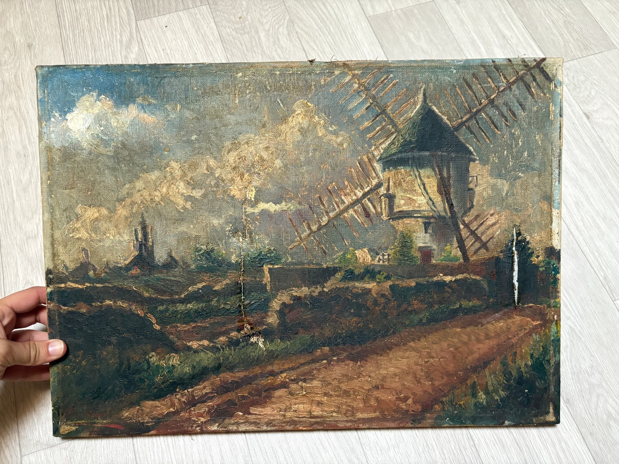 Antique Painting Original Landscape, Mill, Trees, Forest signed image 1
