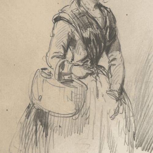 Antique Drawing Original Woman Portrait, Hat, Bag 19th century image 3