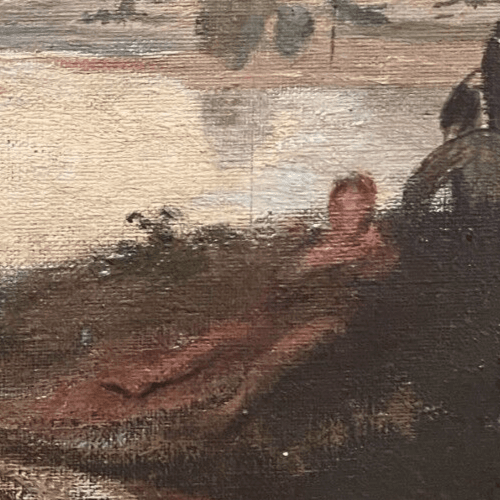 Antique Painting Oil on canvas 19th century Mountain Landscape, People, Trees image 4