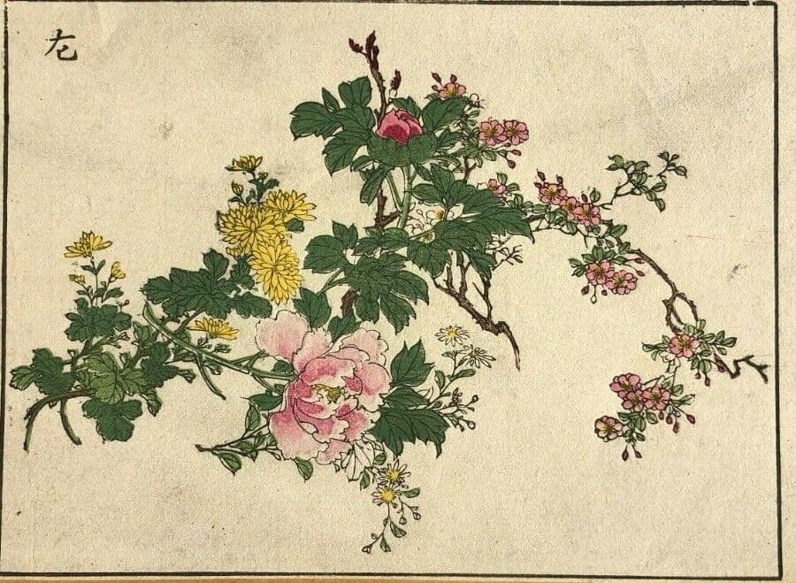 Antique Japanese Flower WoodPrint Flowers, Birds, Violet c. 1890 Art Print Ukiyo