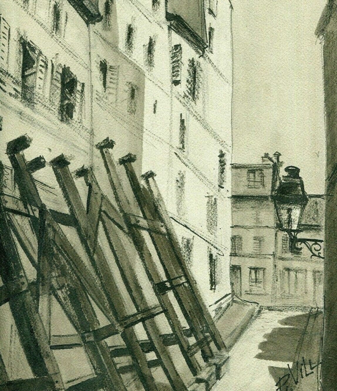 Vintage Ink Original Drawing City, War Time, Building signed Artwork image 1