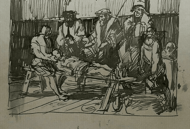Antique Ink Drawing Original Consulat Men, Dead Body image 6