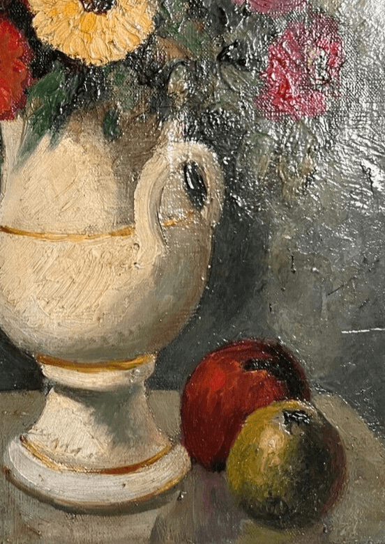 Antique Painting Original Still Life, Flowers, Vase, Apple signed Floral image 2