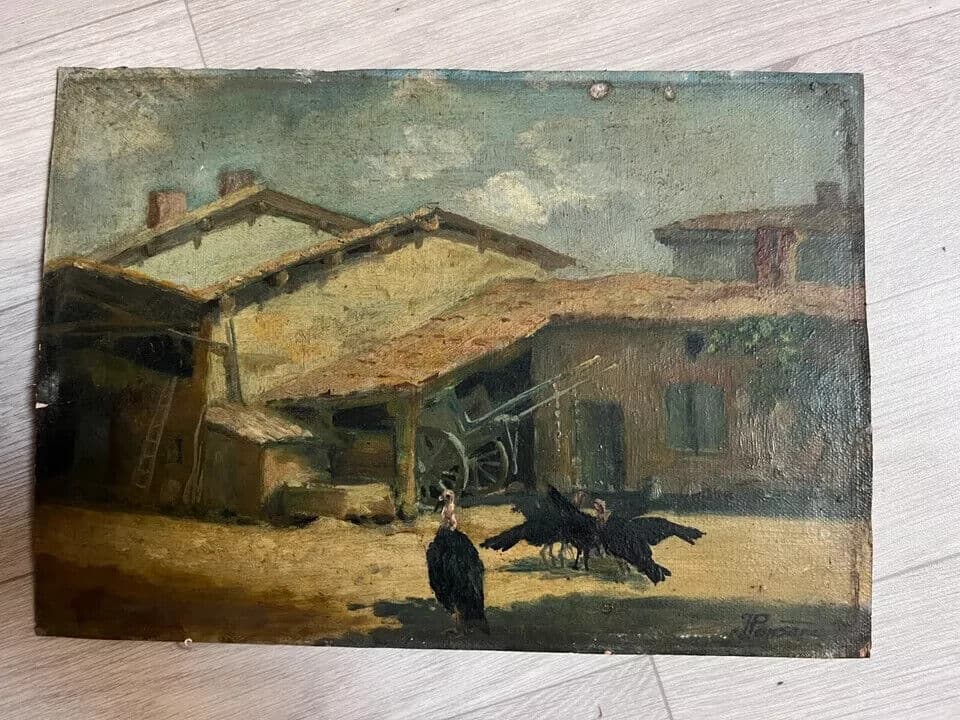 Antique Painting Original 19th Farm Farm House Birds Landscape image 2