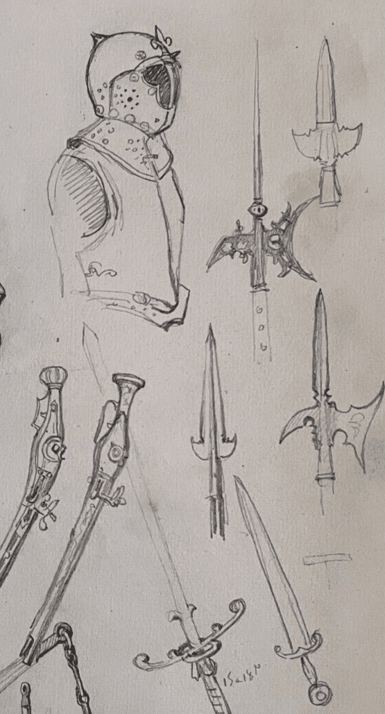 Antique Original Drawing 19th century Knight Portrait, Swords Sketches image 4